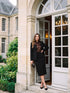 Black Covered Button Pencil Skirt with Slit - Woman Wearing Tailored Office Skirt - Le Chateau