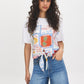 Snow White Printed Scarf Satin Front Top - Woman Wearing Satin Front Knit Top - Suzy Shier