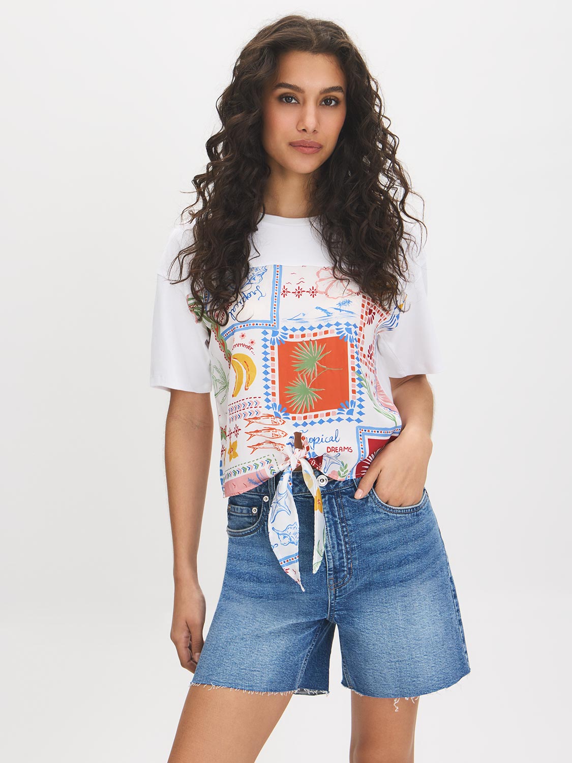 Snow White Printed Scarf Satin Front Top - Woman Wearing Satin Front Knit Top - Suzy Shier