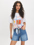 Snow White Printed Scarf Satin Front Top - Woman Wearing Satin Front Knit Top - Suzy Shier