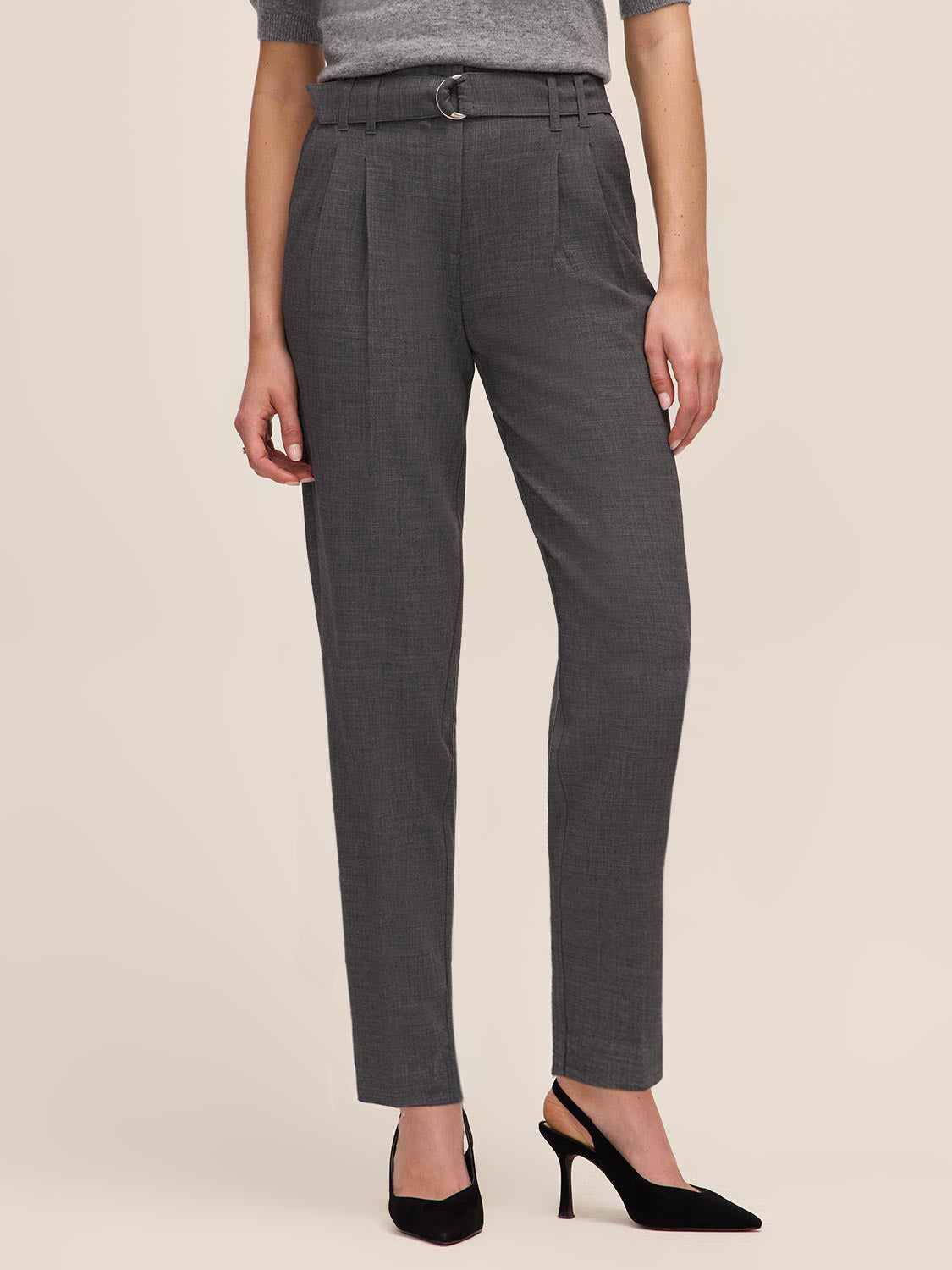 Grey Mix Self-Belt Pleated Slim Pants - Front View - Le Chateau