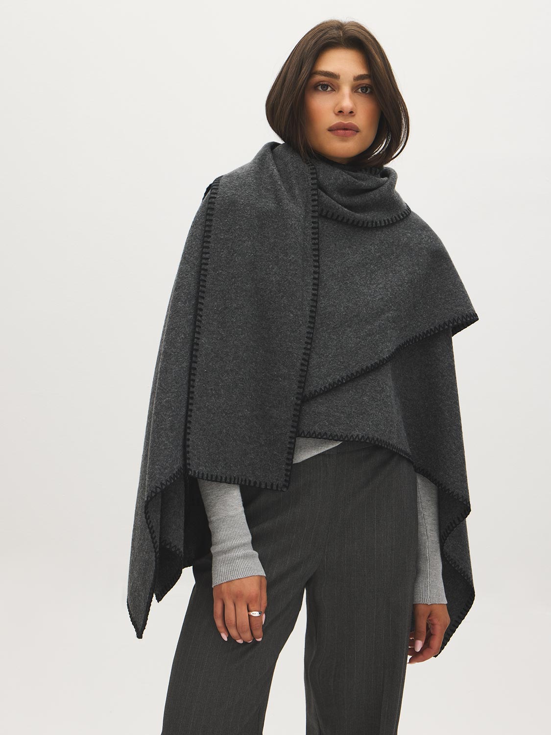 Grey Melange Woven Cape with Contrast Scarf - Front View - Suzy Shier