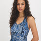 Dark Sapphire Paisley Print Halter Dress - Woman Wearing Halter Dress with Front Slit - Suzy Shier
