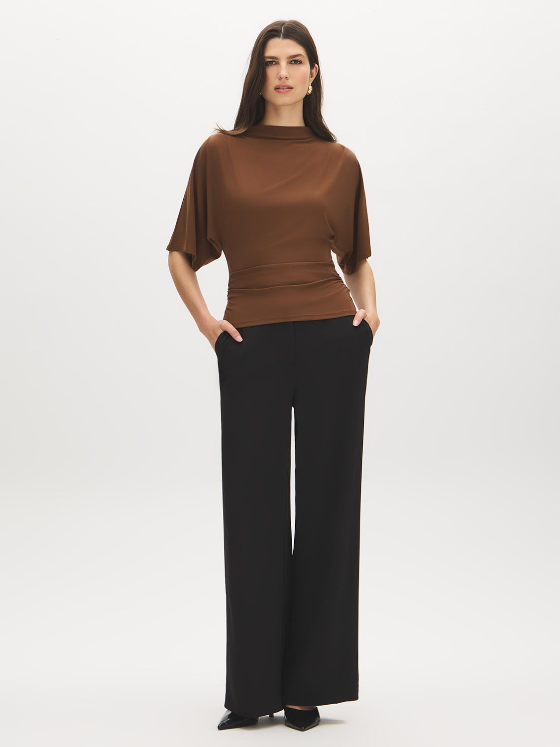 Bison Funnel Neck Knit Top with Kimono Sleeves - Front View - Suzy Shier