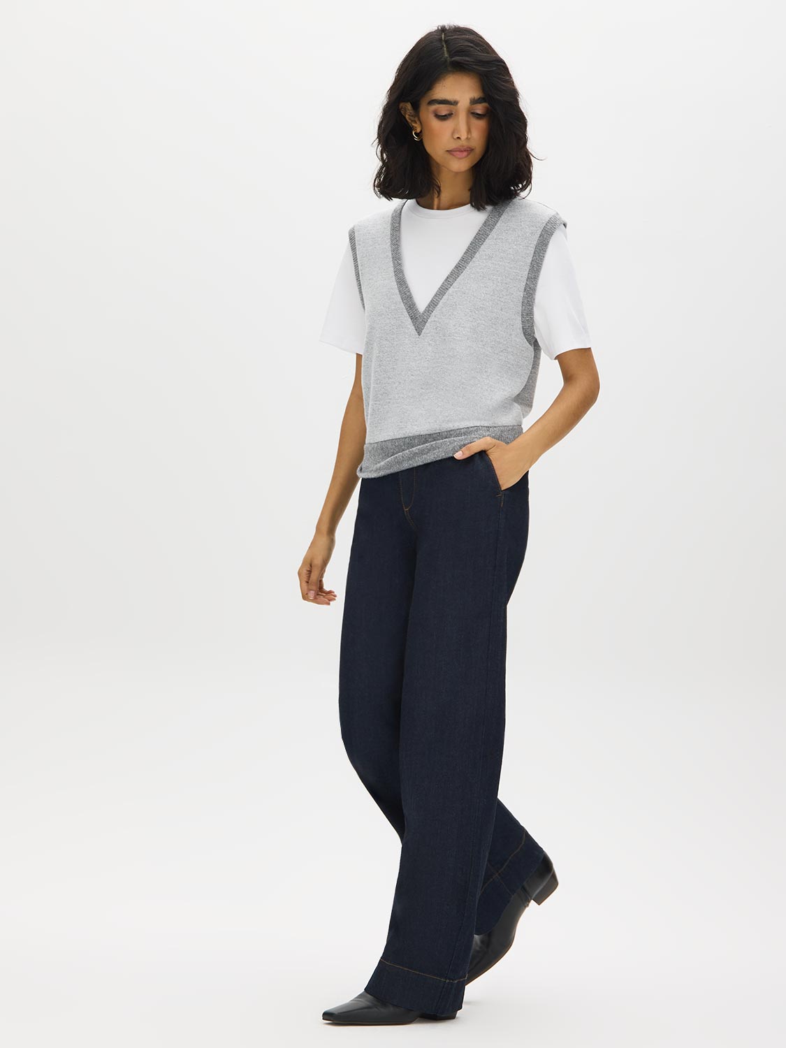 Grey Melange Crew Neck Jersey Top with Hacci Vest - Front View - Suzy Shier