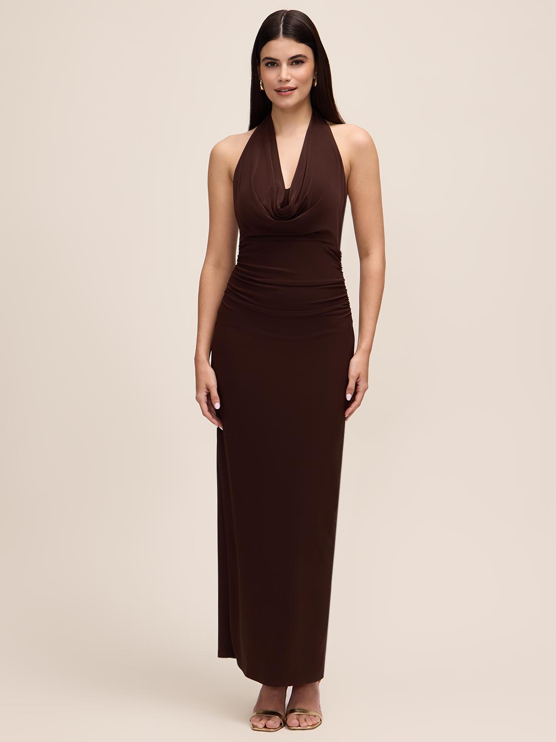 Coco Powder ITY Gown with Cowl Neck - Woman Wearing Elegant Evening Dress - Le Chateau