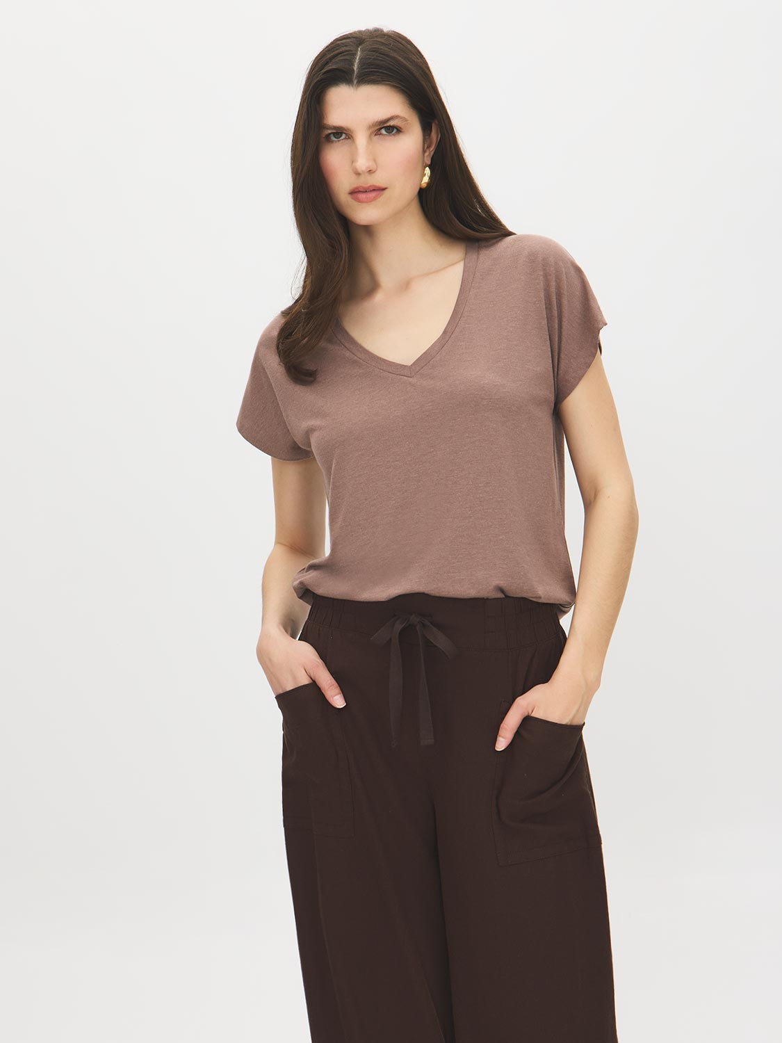 Deep Taupe Melange V-Neck Jersey Top - Front View - Suzy Shier