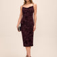 Black Cherry Burnout Floral Velour Sheath Dress - Woman Wearing Cowl Neck Evening Dress - Le Chateau