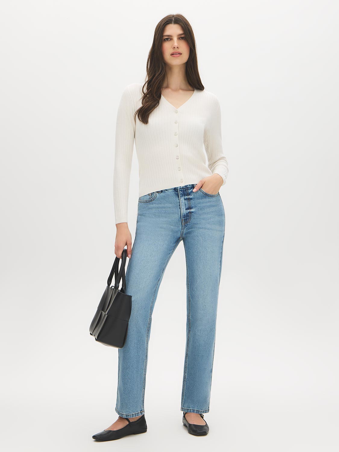 Snow White Ribbed V-Neck Cardigan Sweater - Front View - Suzy Shier