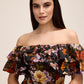 Black and Rust Floral Off-Shoulder Fit and Flare Dress - Close-up Ruffle Detail - Le Chateau
