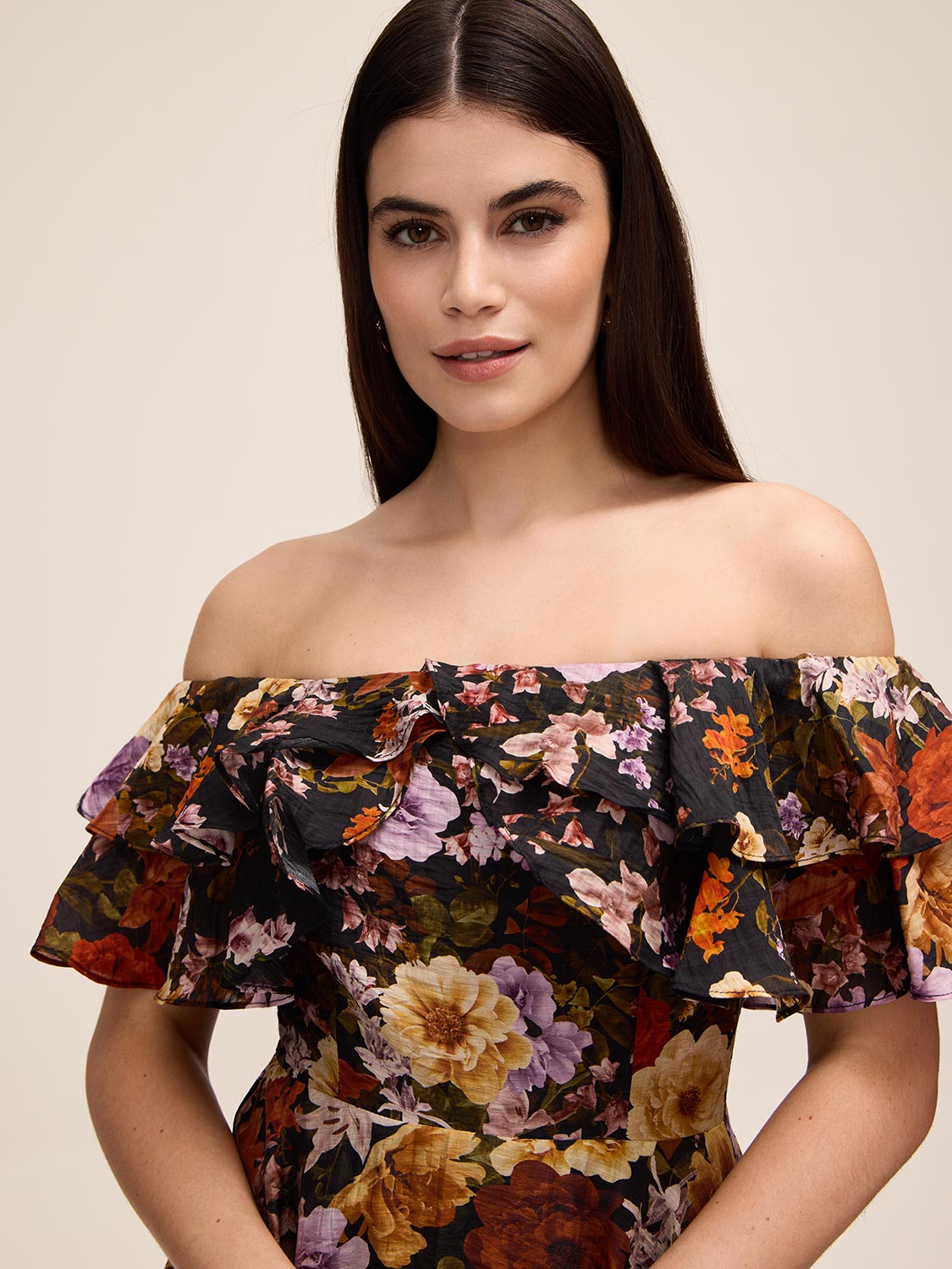 Black and Rust Floral Off-Shoulder Fit and Flare Dress - Close-up Ruffle Detail - Le Chateau