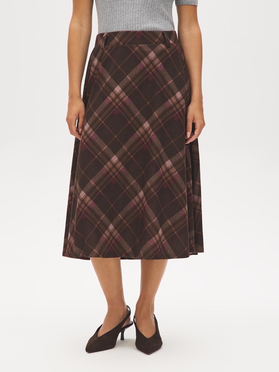 Brown Plaid Hacci Knit Pull-On Skirt - Front View - Suzy Shier