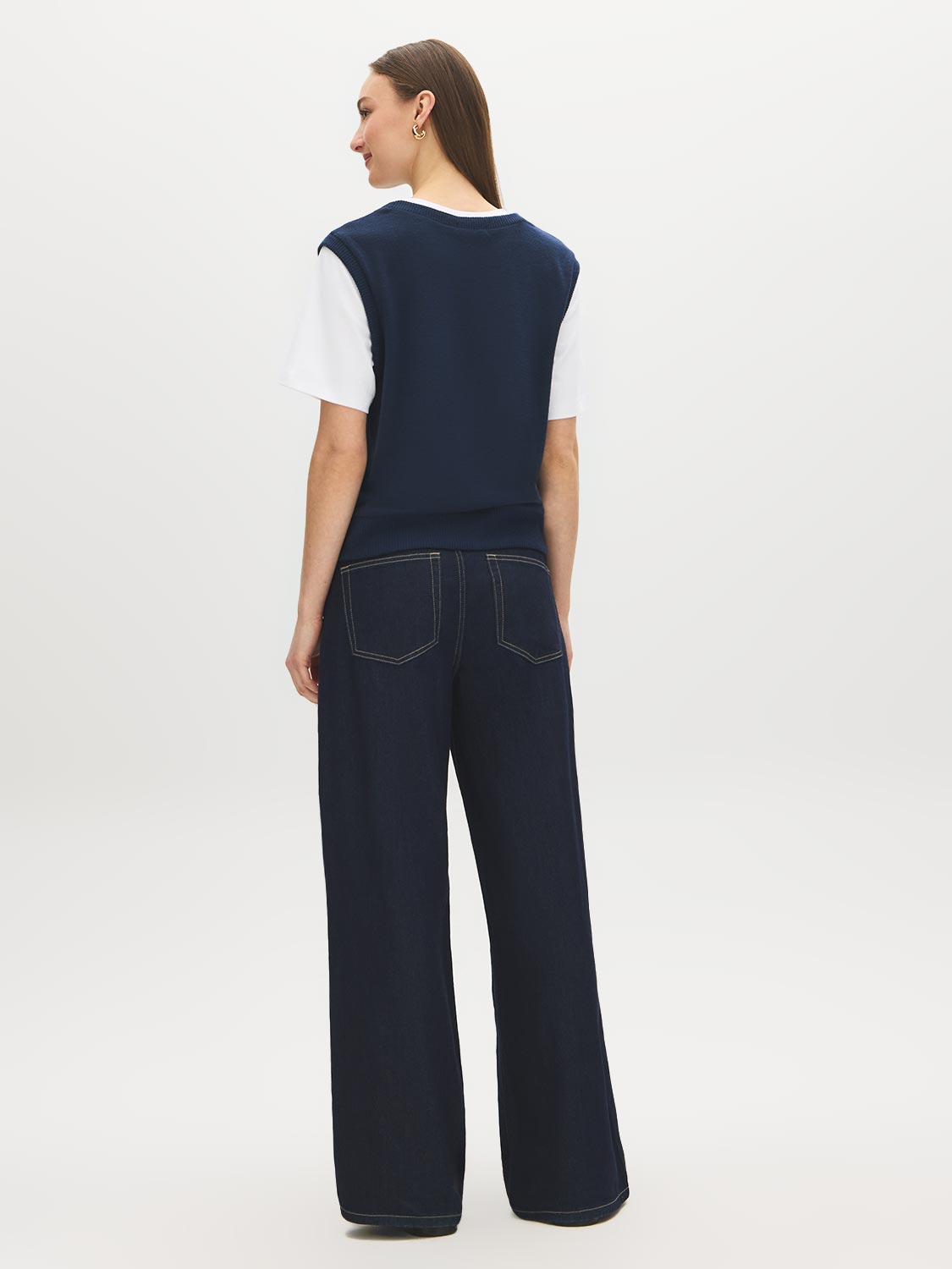 Navy Blazer Melange Crew Neck 2fer Top with V-Neck Vest - Back View - Suzy Shier