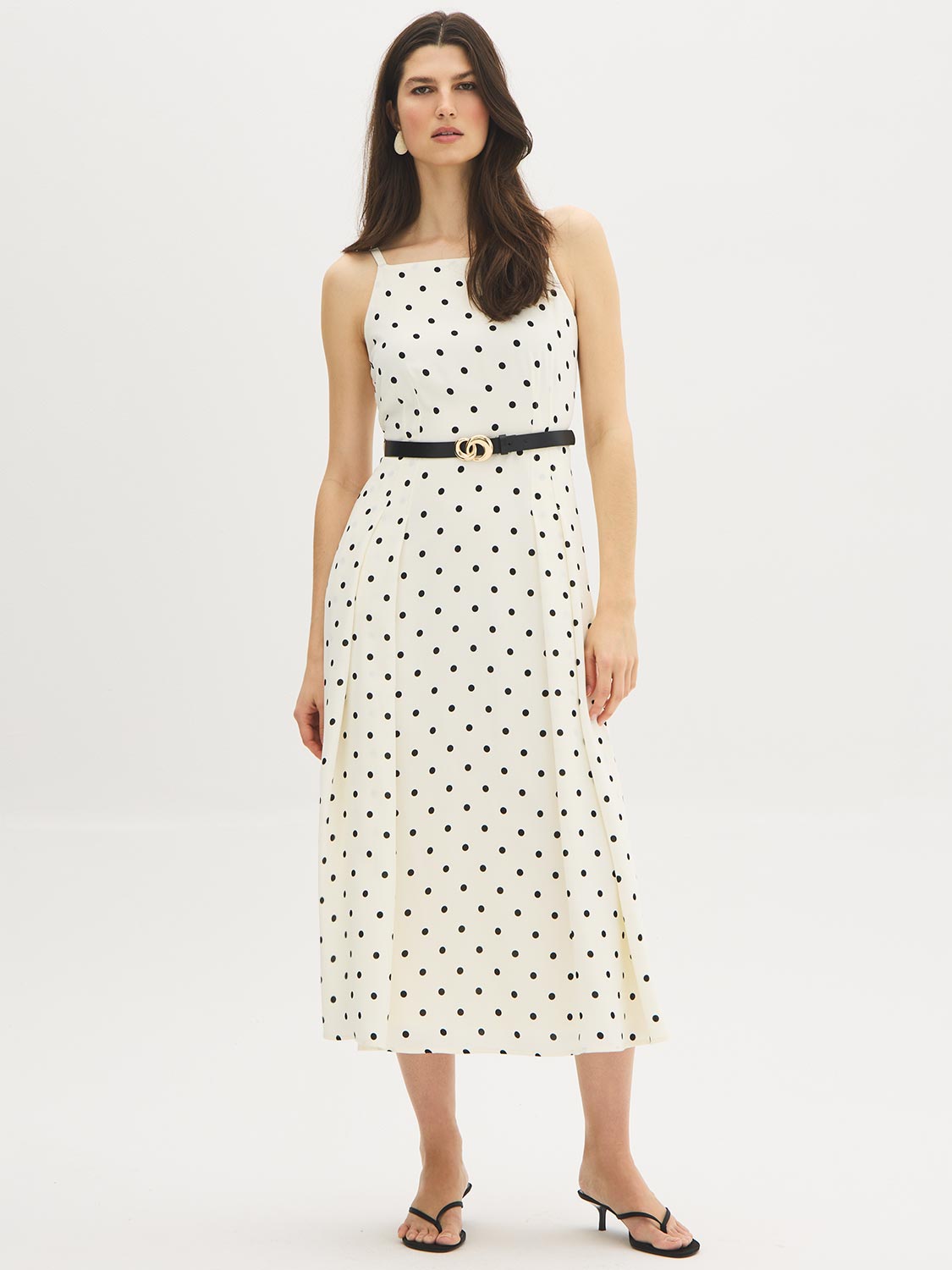 Snow White Polka Dot Flowy Midi Dress - Woman Wearing Spaghetti Strap Dress with Belt - Suzy Shier