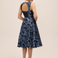 Steel Blue/Black Jacquard Floral Fit & Flare Midi Dress - Back View - Le Chateau