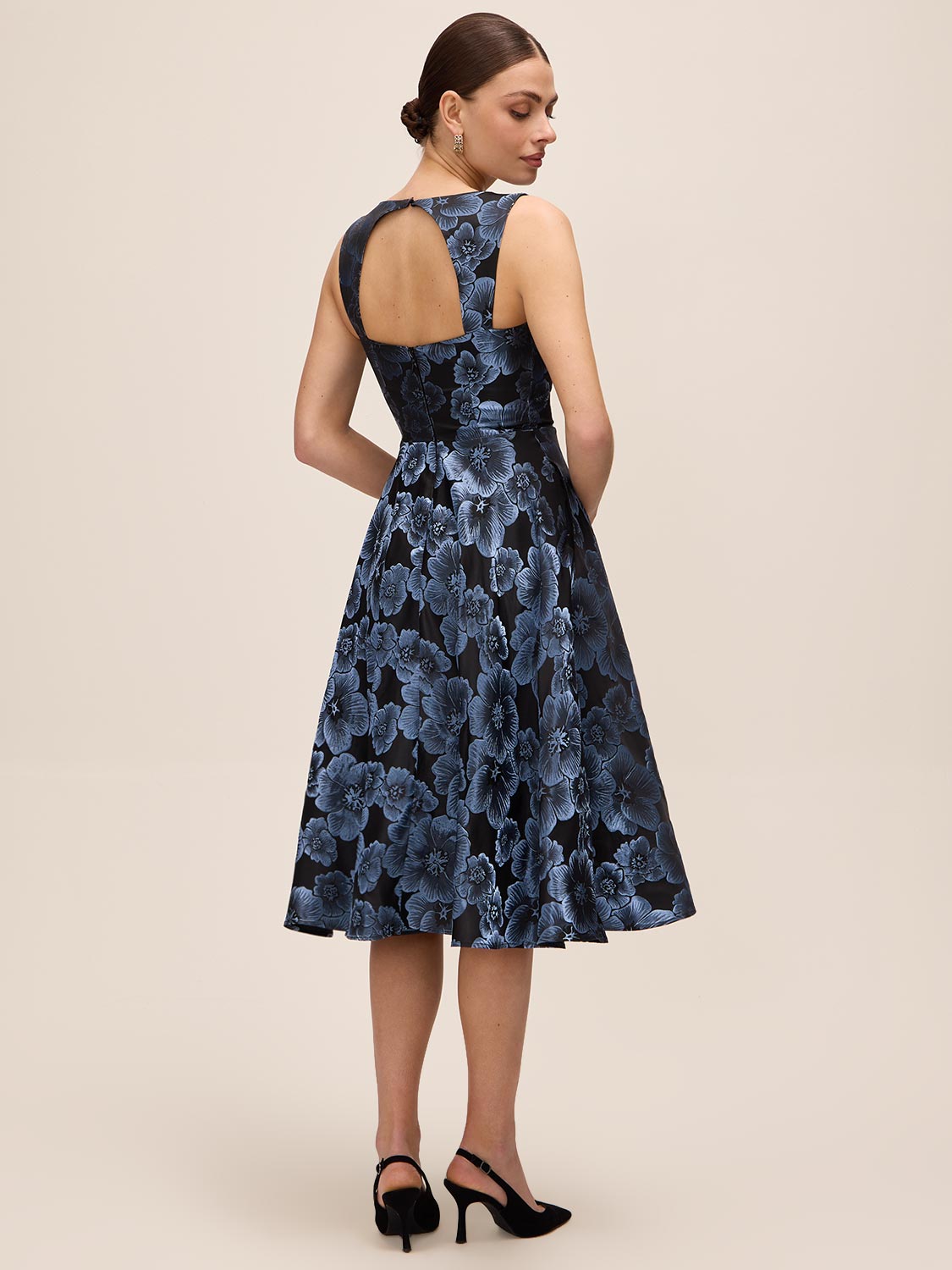 Steel Blue/Black Jacquard Floral Fit & Flare Midi Dress - Back View - Le Chateau