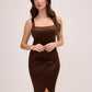Chocolate Square Neck Knit Satin Wrap Dress - Woman Wearing Elegant Evening Dress - Le Chateau