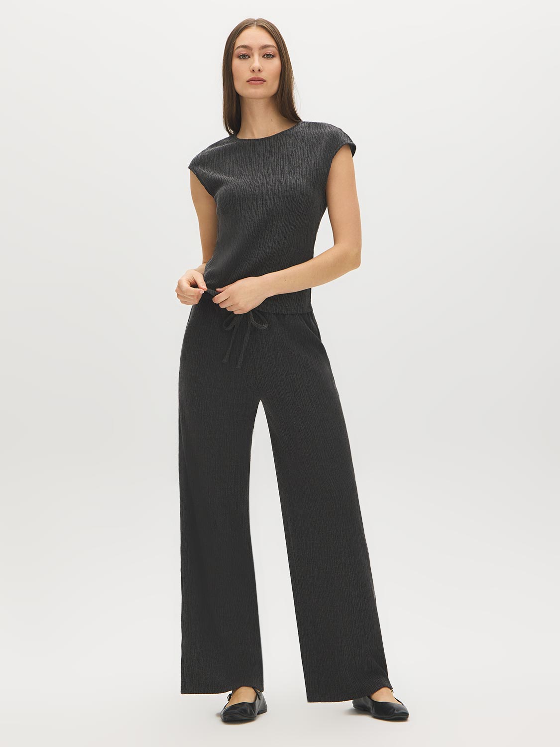Charcoal Textured Asymmetrical Dolman Sleeve Top - Front View - Suzy Shier