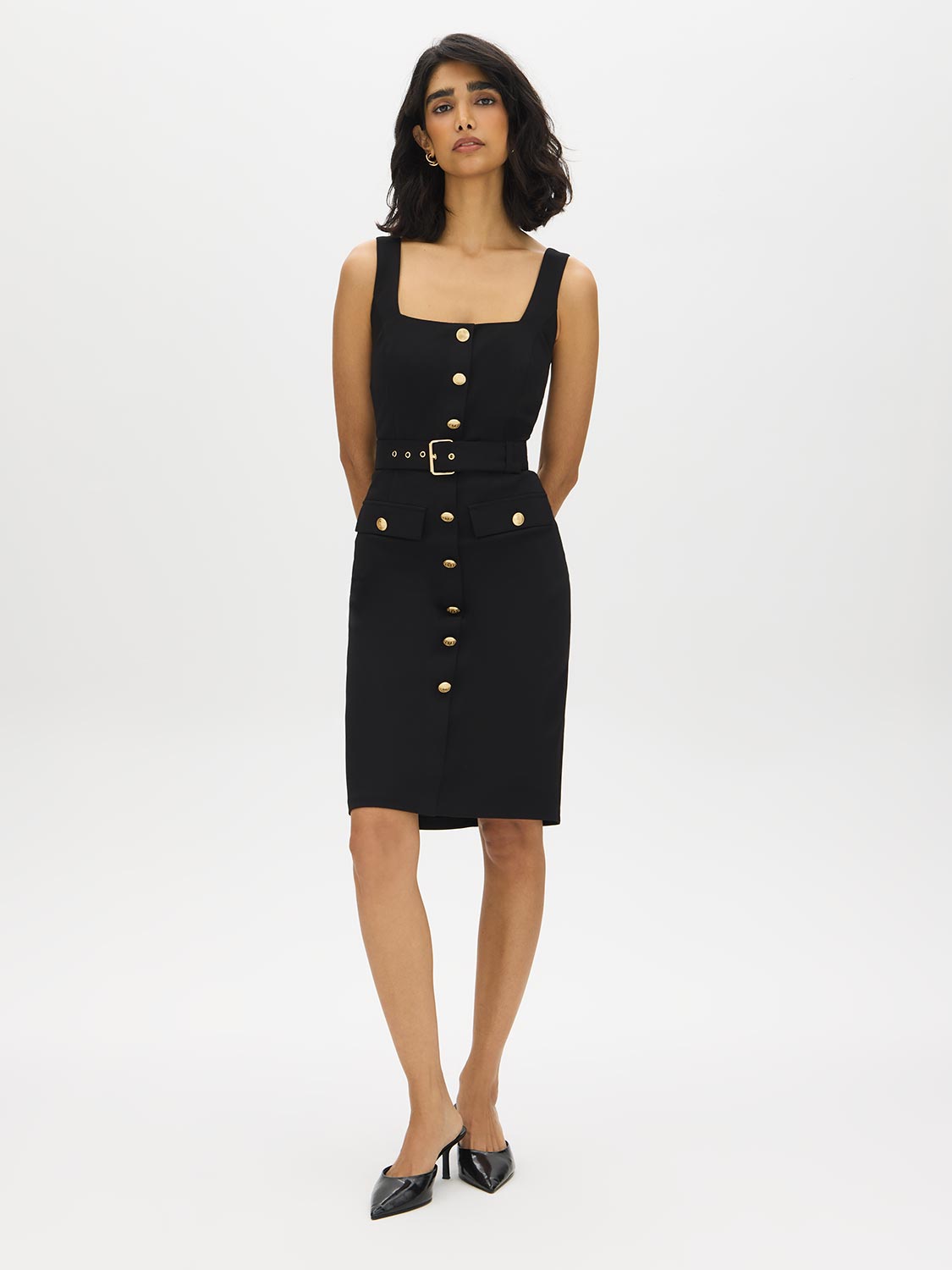 Black Belted Knit Dress with Button Detail - Woman Wearing Sleeveless Dress with Thick Straps - Suzy Shier