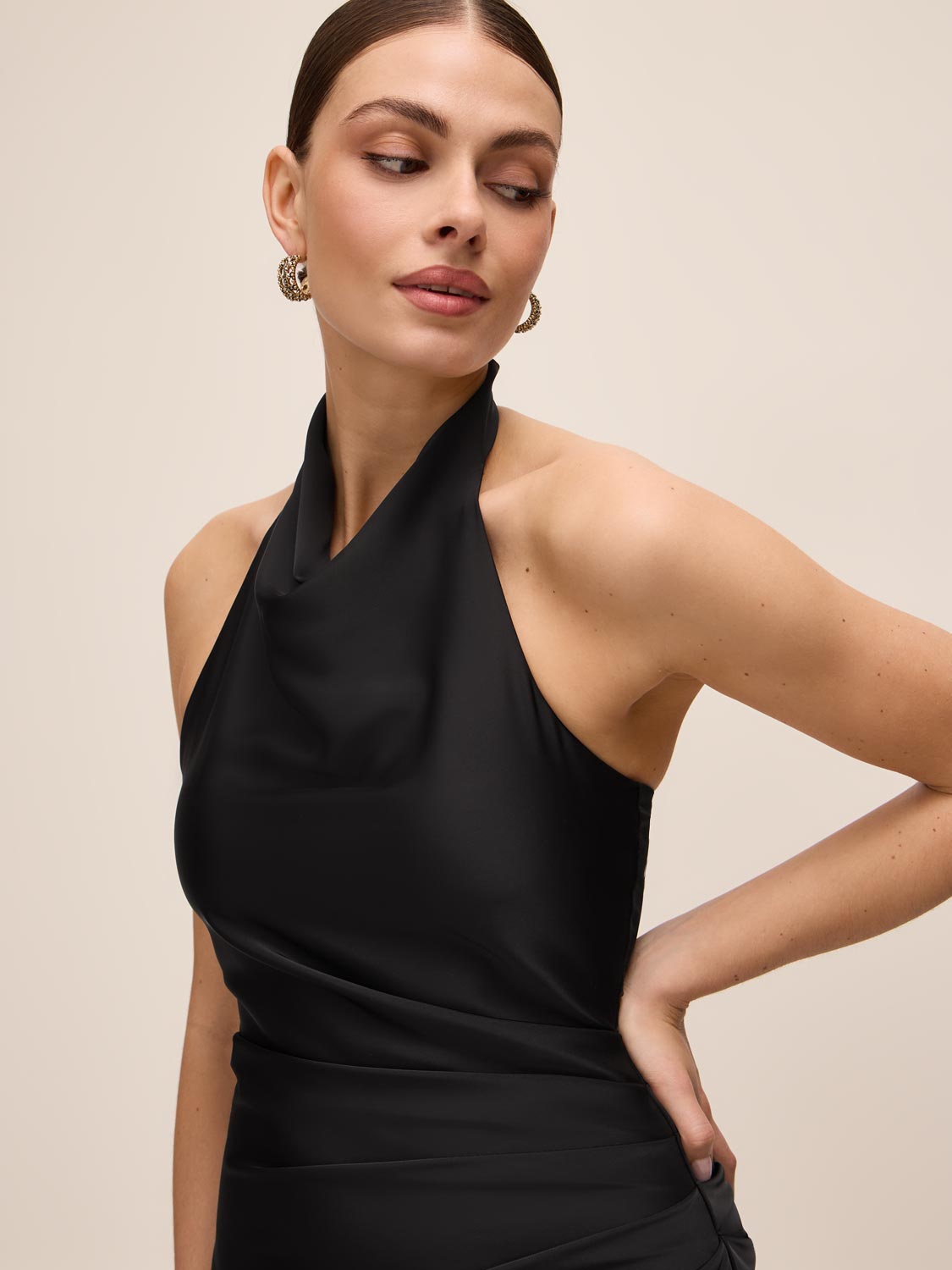 Black Draped Halter Neck Midi Dress - Side Profile View - Le Chateau
