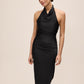 Black Draped Halter Neck Midi Dress - Front View - Le Chateau