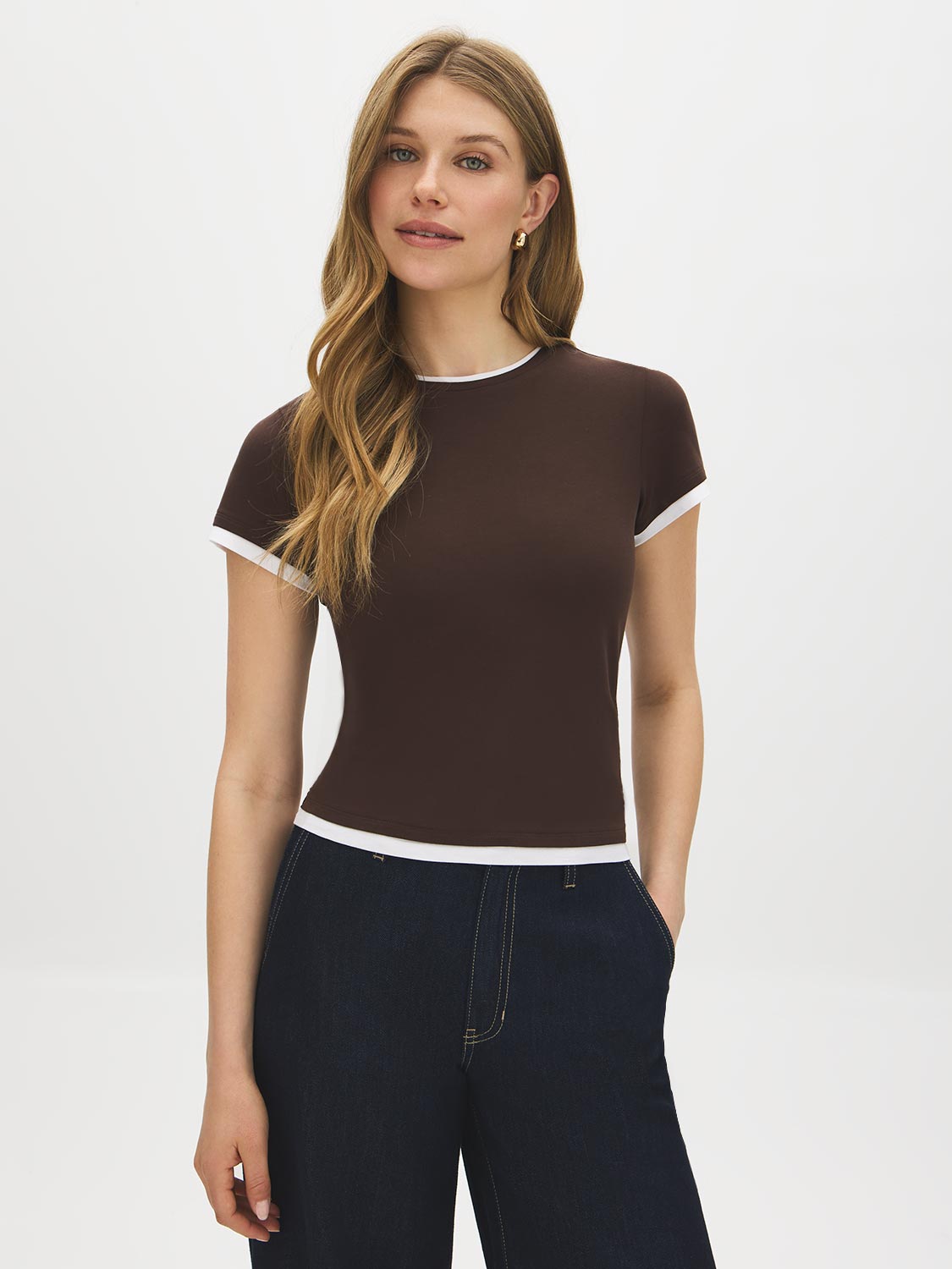 Coffee Bean and White Double Layer Crew Neck Top - Woman Wearing Layered Jersey Top - Suzy Shier