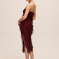 Bordeaux Strapless Mesh Midi Dress with Asymmetrical Ruffles - Back View - Le Chateau