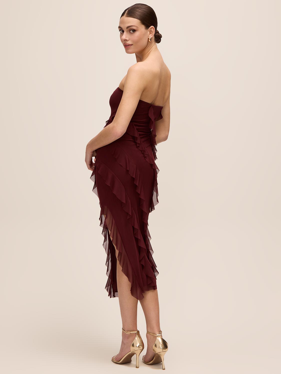 Bordeaux Strapless Mesh Midi Dress with Asymmetrical Ruffles - Back View - Le Chateau