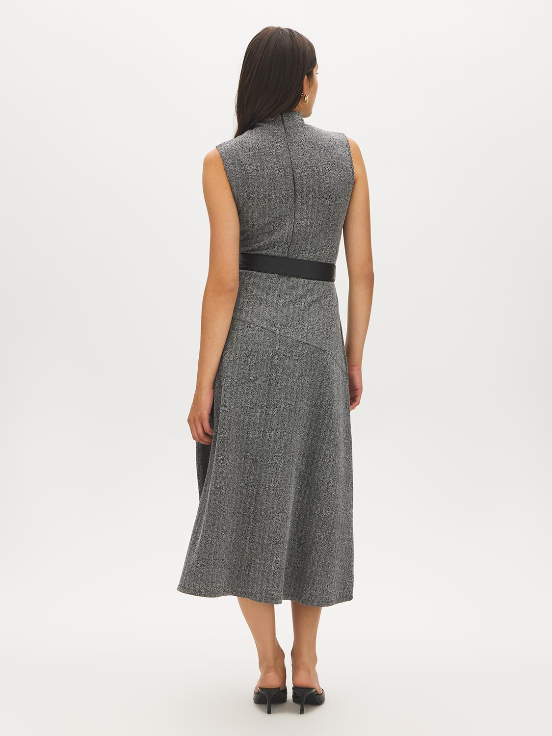 Jet Black/Light Grey Herringbone Textured Knit Mock Neck Dress with Belt - Back View - Suzy Shier