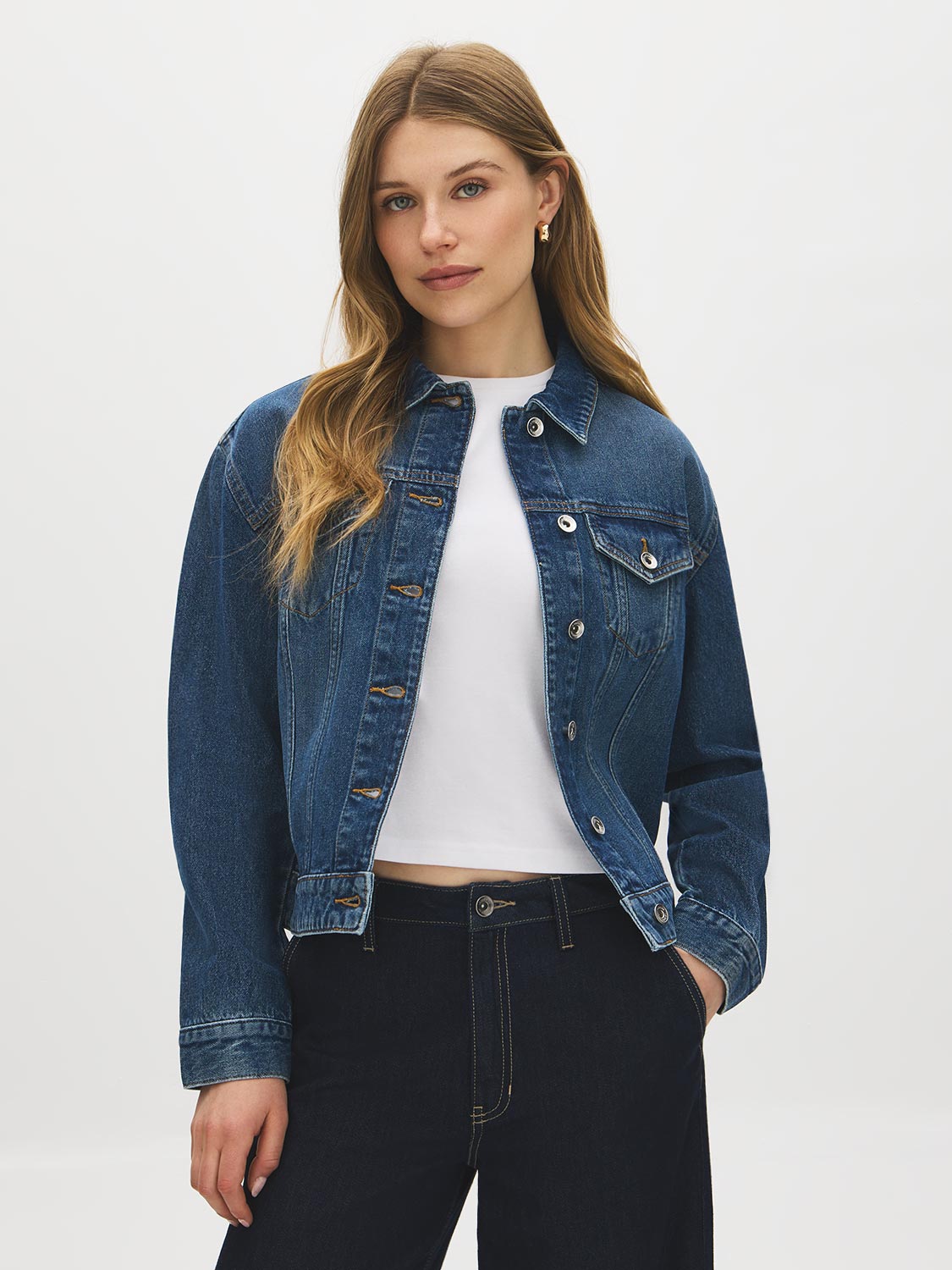 Dark Wash Drop Shoulder Denim Jacket - Woman Wearing Casual Sandblasted Jacket - Suzy Shier