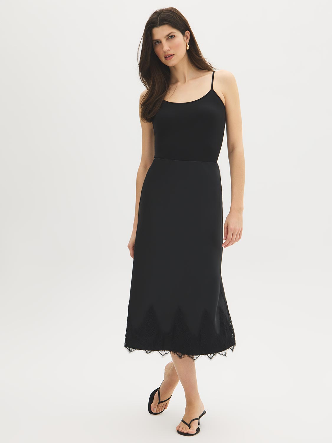 Black Lace Trim Satin Bias Column Skirt - Close-up Lace Hem Detail - Suzy Shier