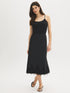 Black Lace Trim Satin Bias Column Skirt - Close-up Lace Hem Detail - Suzy Shier