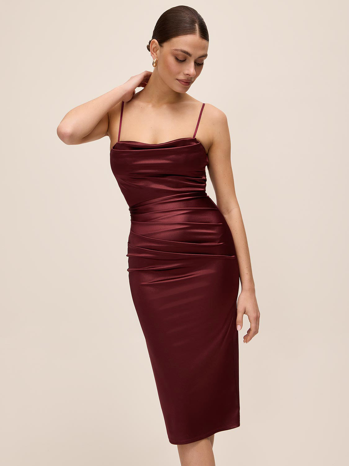 Bordeaux Cowl Neck Satin Dress - Front View - Le Chateau