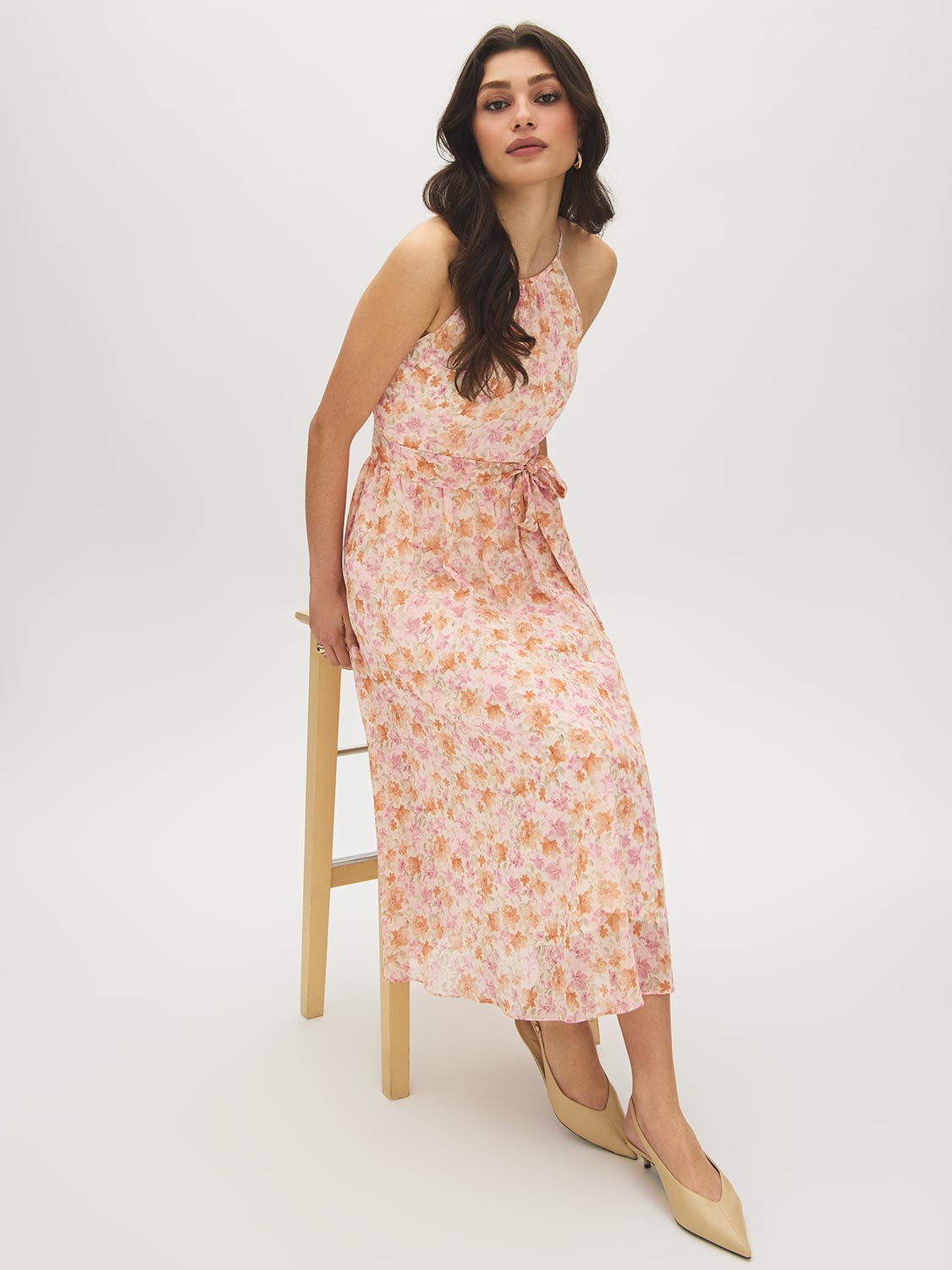 Peach Dust Floral Print Halter Midi Dress - Seated View - Suzy Shier