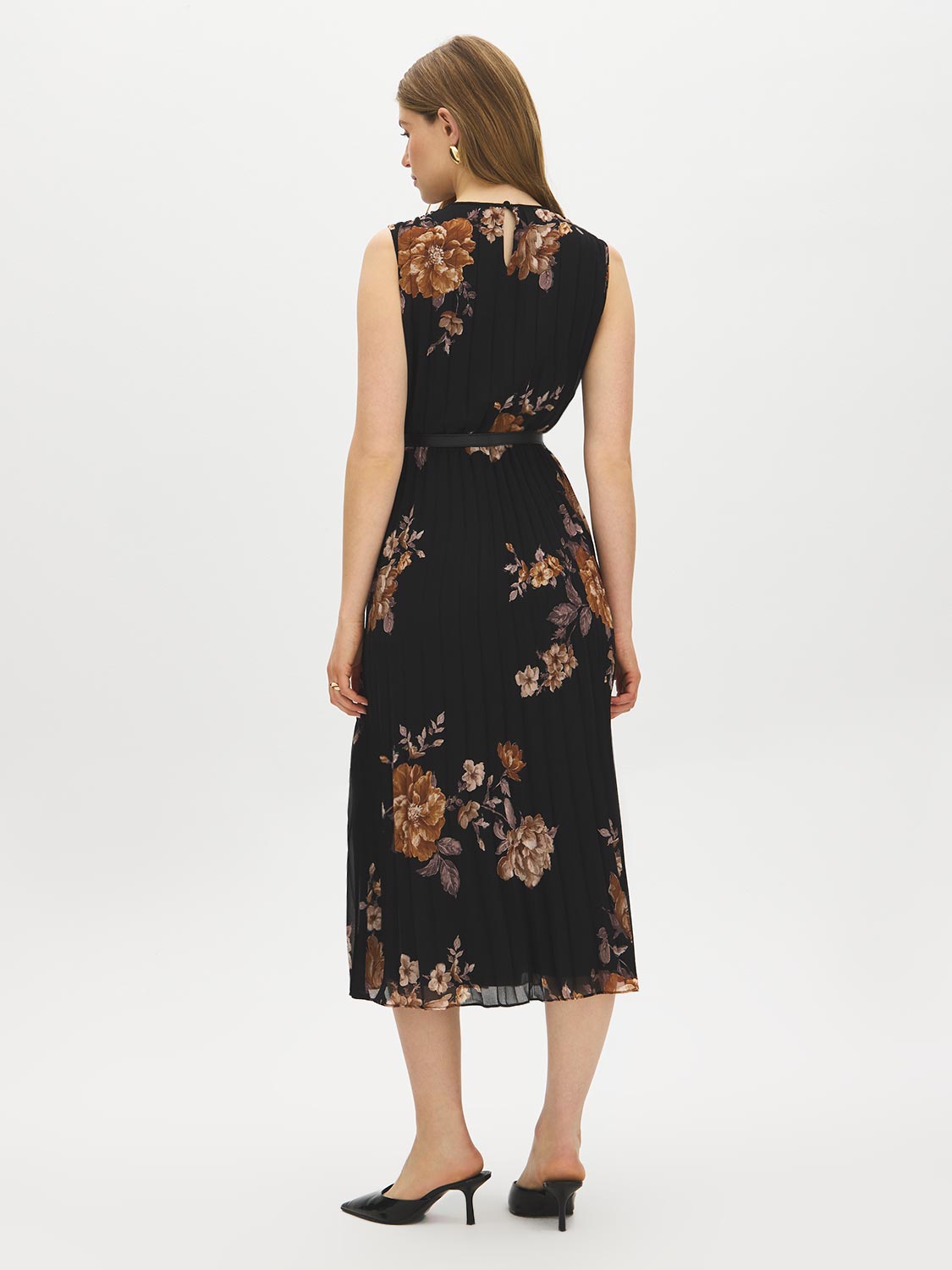 Jet Black Floral Pleated Sleeveless Dress - Back View - Suzy Shier