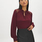 Zinfandel Balloon Sleeve Knit Top with Crochet Shoulders - Woman Wearing Crochet Detail Blouse - Suzy Shier