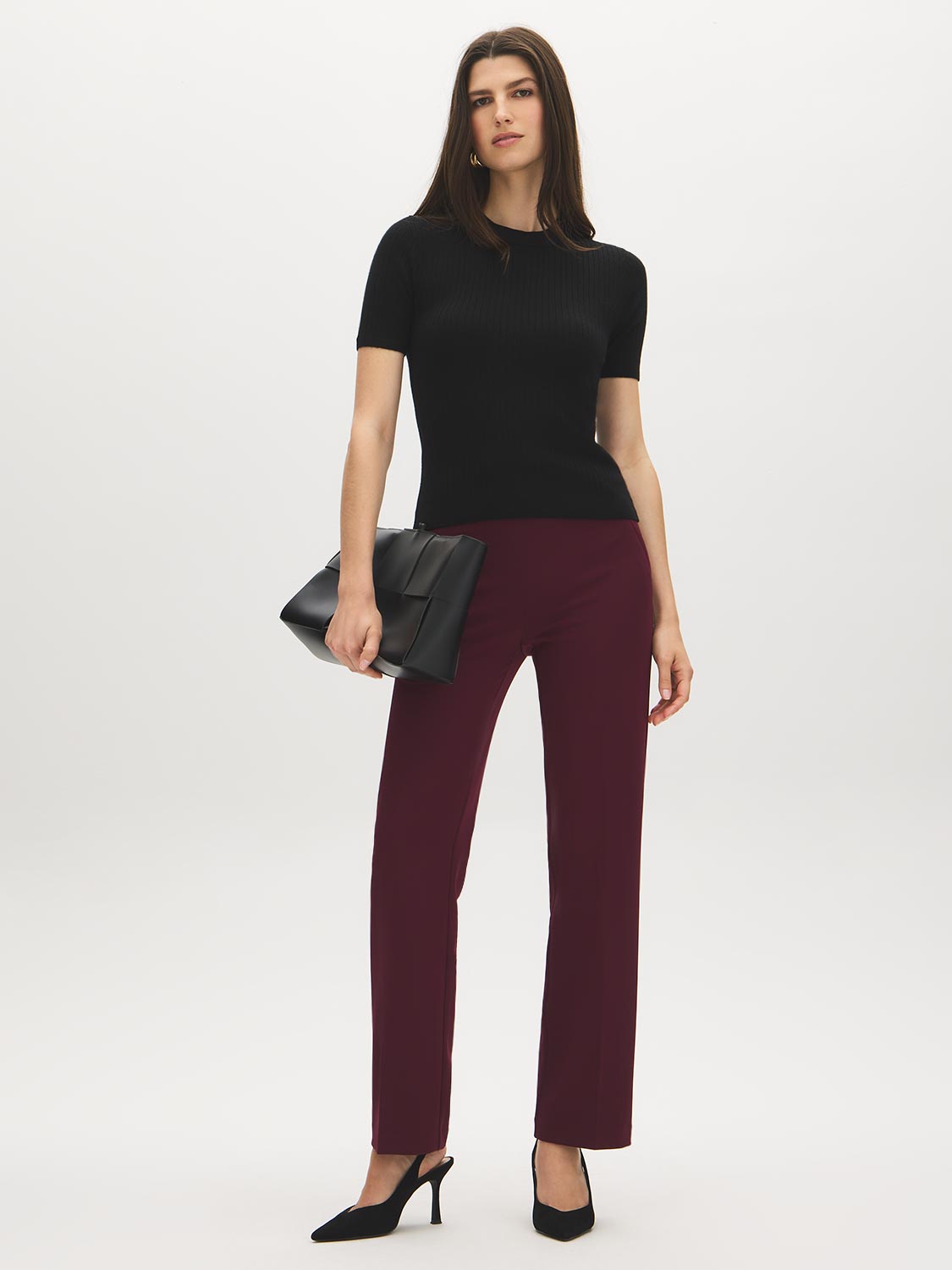Black Ribbed Knit Crew Neck Sweater - Front View - Suzy Shier