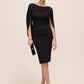 Black Boat Neck Sheath Dress with Back Cape - Front View - Le Chateau