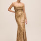 Gold/Mocha Jacquard Floral Bustier Gown - Woman Wearing Mermaid Hem Evening Dress - Le Chateau