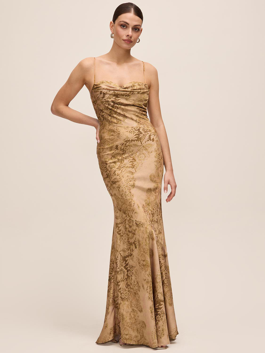 Gold/Mocha Jacquard Floral Bustier Gown - Woman Wearing Mermaid Hem Evening Dress - Le Chateau