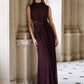 Black Cherry Sleeveless Mesh Gown with Mock Neck - Woman Wearing Elegant Floor-Length Dress - Le Chateau