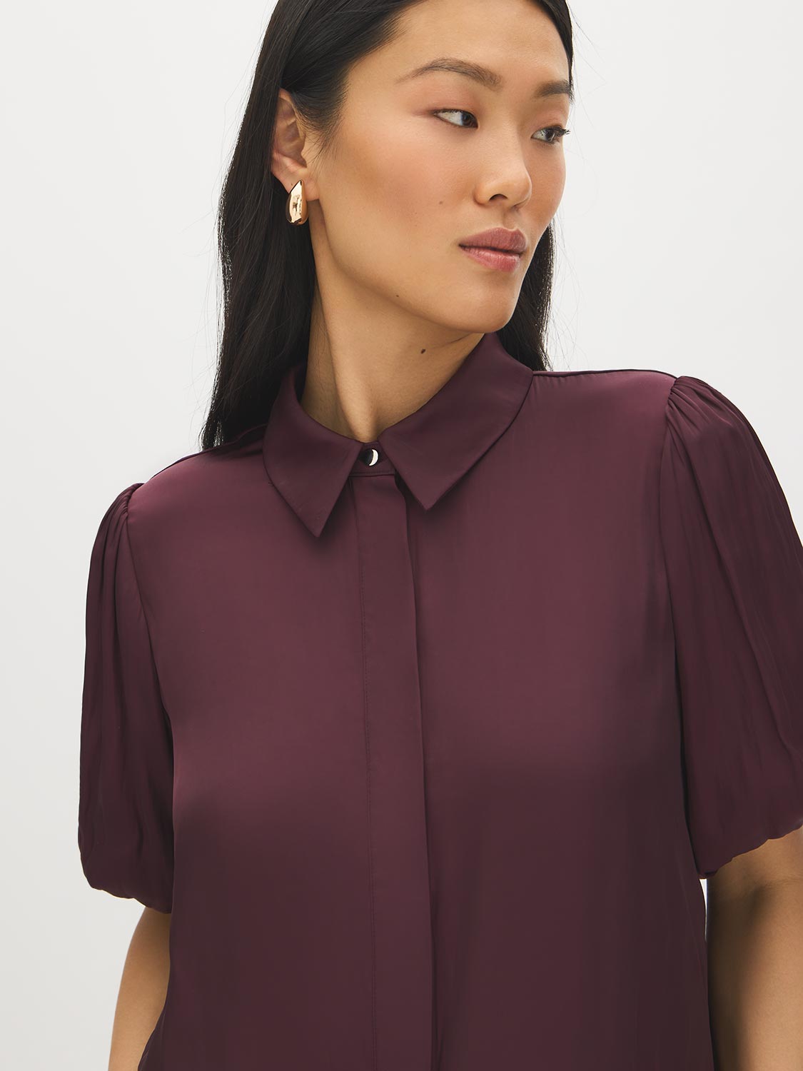 Winetasting Matte Satin Blouse with Bubble Sleeves - Close-up Collar Detail - Suzy Shier