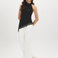 Jet Black Mock Neck Halter Top with Lace Trim - Woman Wearing Asymmetrical Knit Top - Suzy Shier