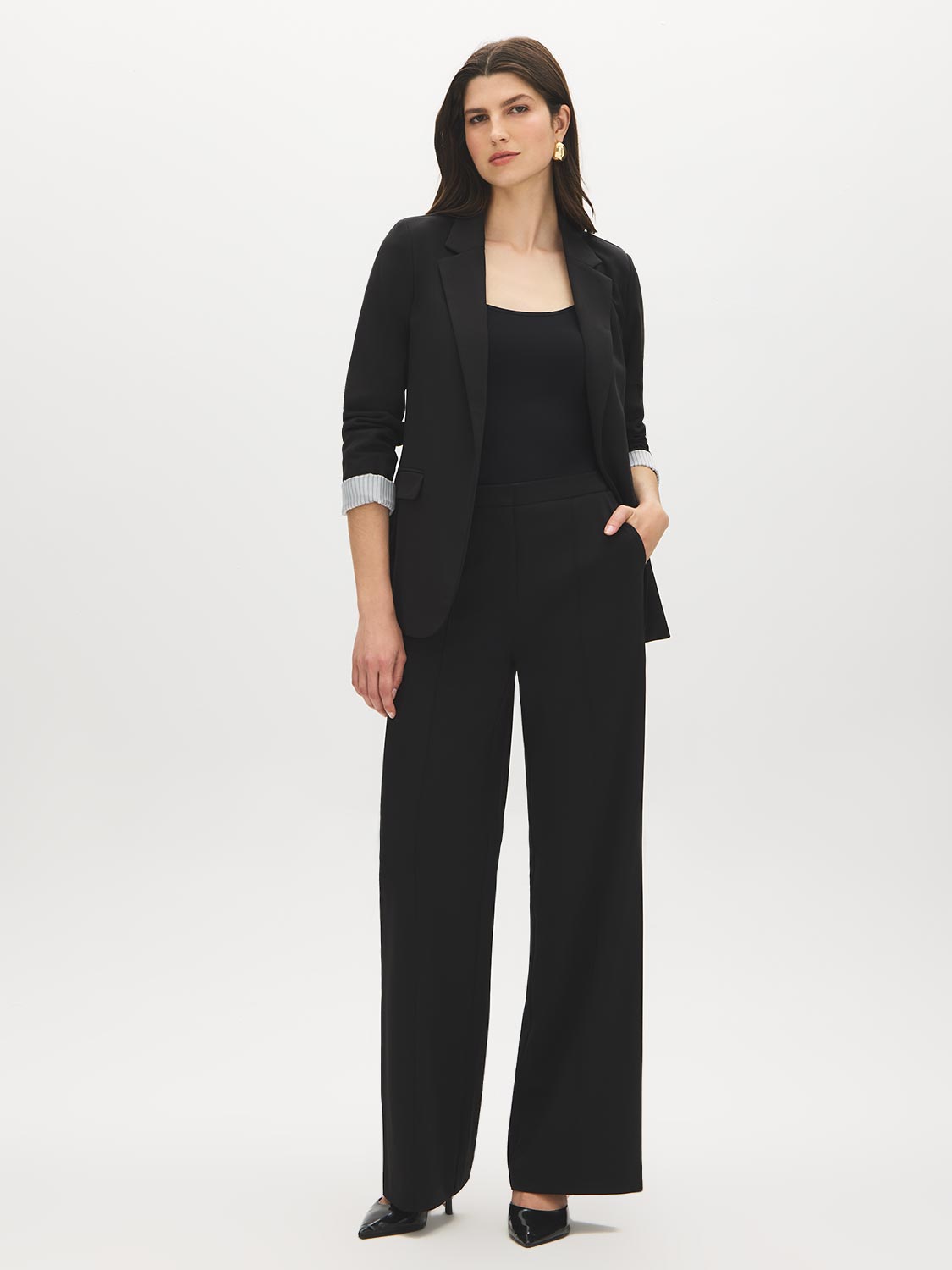 Black Notch Collar Knit Blazer with Stripe Cuff - Woman Wearing Tailored Blazer with Flap Pockets - Suzy Shier