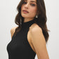 Jet Black Mock Neck Halter Top with Lace Trim - Close-up Neckline Detail - Suzy Shier