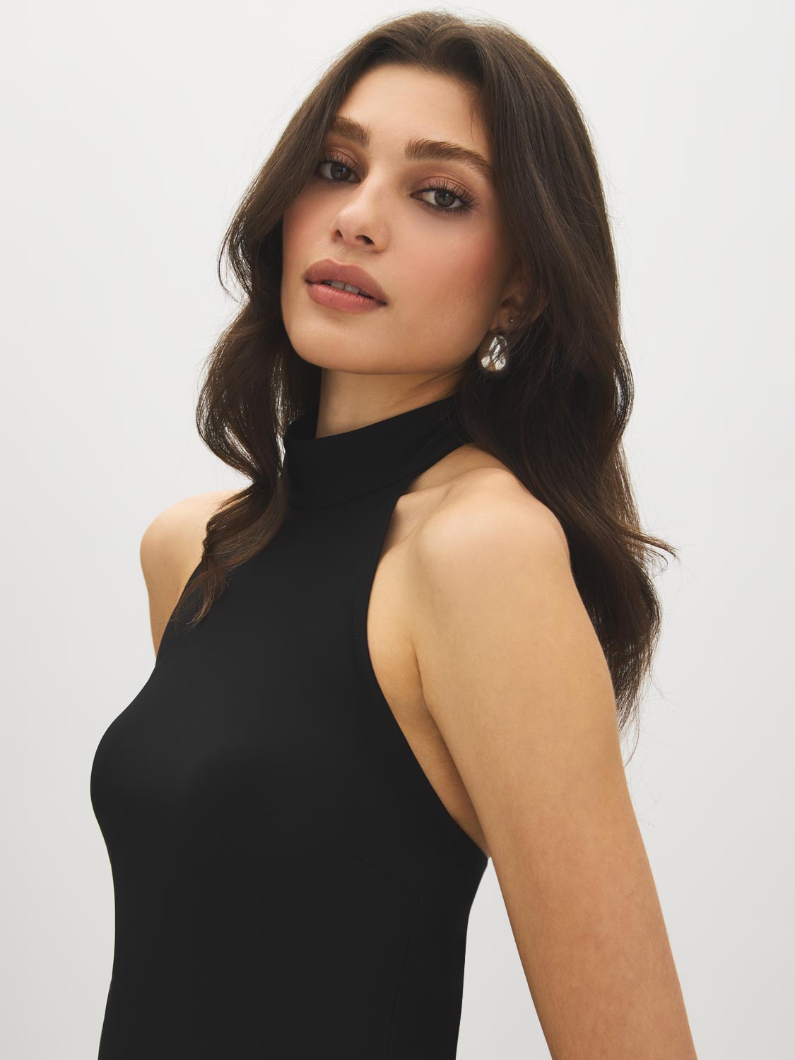 Jet Black Mock Neck Halter Top with Lace Trim - Close-up Neckline Detail - Suzy Shier