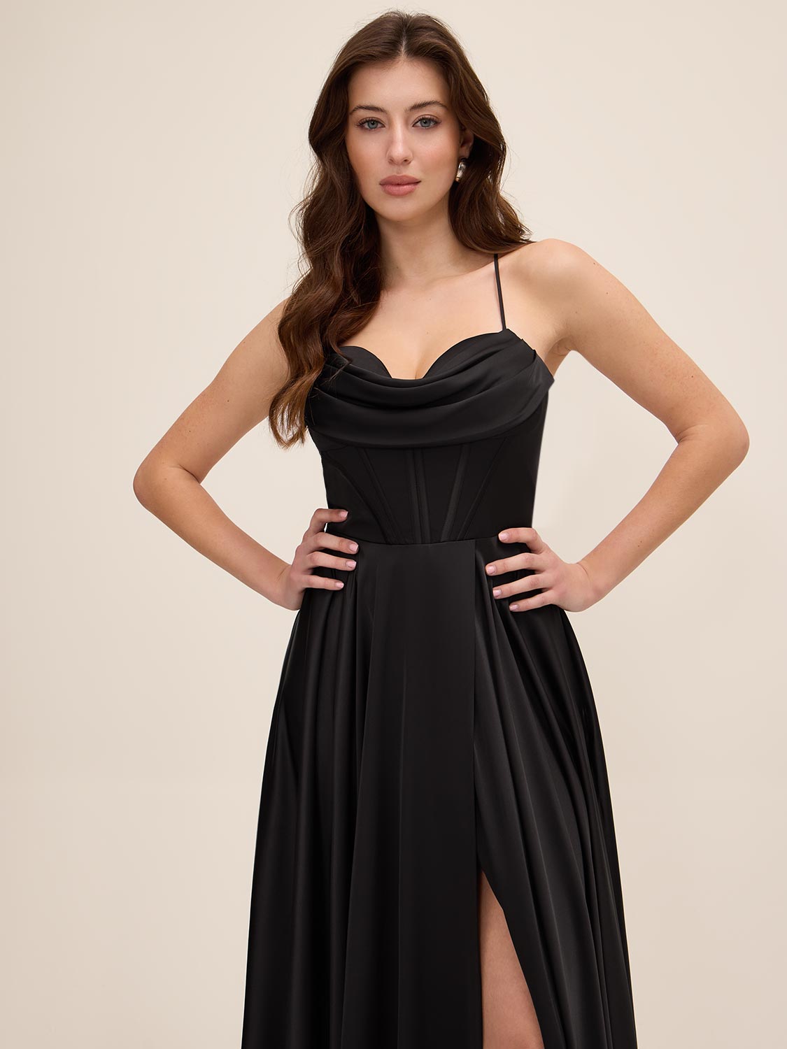 Black Satin Bustier Gown with Leg Opening - Woman Wearing Formal Evening Dress - Le Chateau
