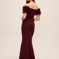 Bordeaux Off-Shoulder Knit Crepe Gown with Chiffon Rosette Sleeves - Back View - Le Chateau