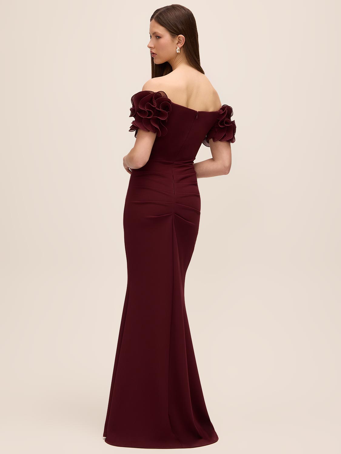 Bordeaux Off-Shoulder Knit Crepe Gown with Chiffon Rosette Sleeves - Back View - Le Chateau