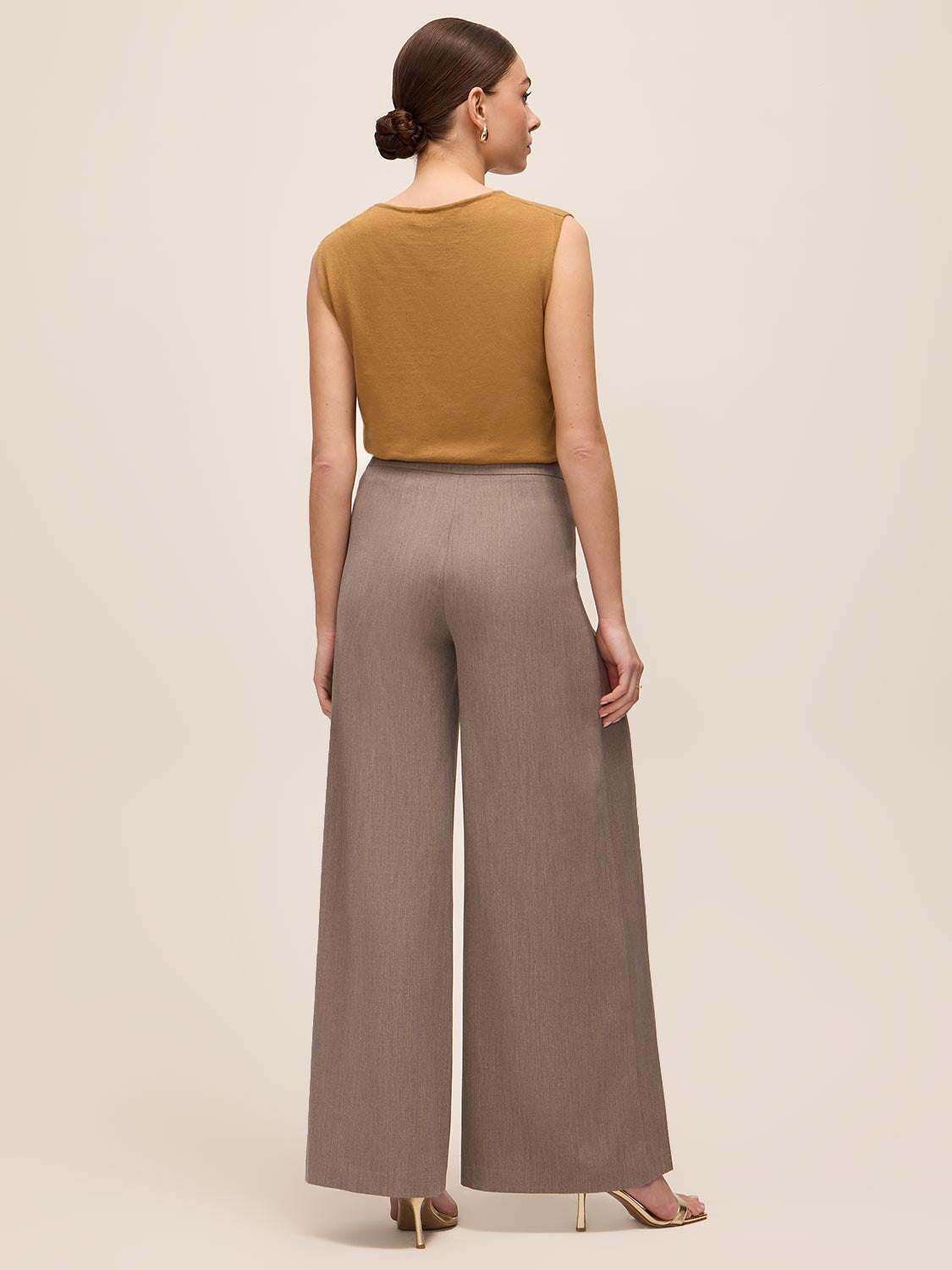 Oatmeal Mix Pleated Wide Leg Pants - Back View - Le Chateau